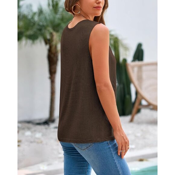 Btfbm Women Brown Sleeveless Crew Neck Ribbed Knit Lightweight Pullover Sweater - Picture 3 of 9